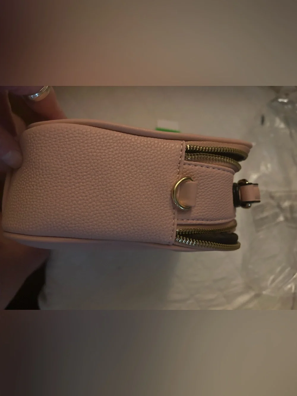 Compact Pink Pebbled purse with Front Slip Pocket and back